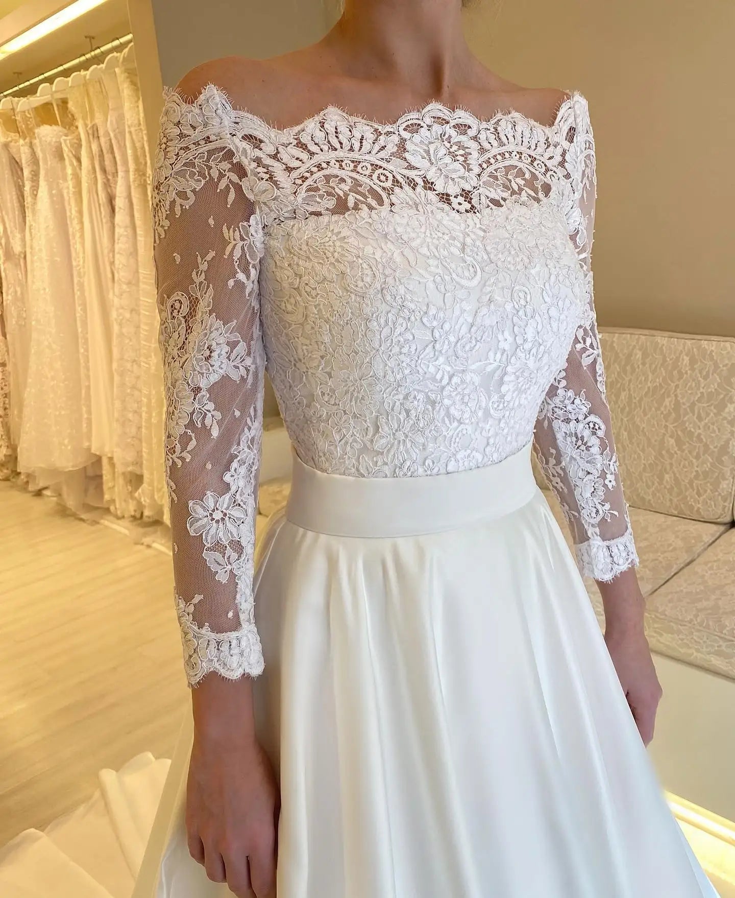 Vintage Off The Shoulder 3/4 Sleeves Lace Applique Satin A Line Wedding Dresses Sweep Train Custom Made Dress The Clothing Company Sydney