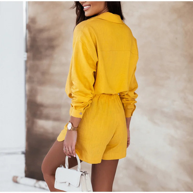 Summer Print Shorts Suits Woman Vintage Long Sleeve Shirt And Short Pants Suit Two Piece Set  Loose Casual Outfit Matching Set - The Clothing Company Sydney