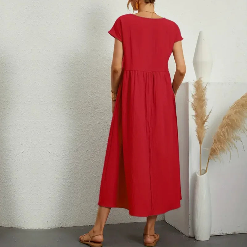 Women's Elegant Dress Summer Short Sleeve O-Neck Vintage Cotton Linen Comfortable Loose Pocket Long Dress - The Clothing Company Sydney