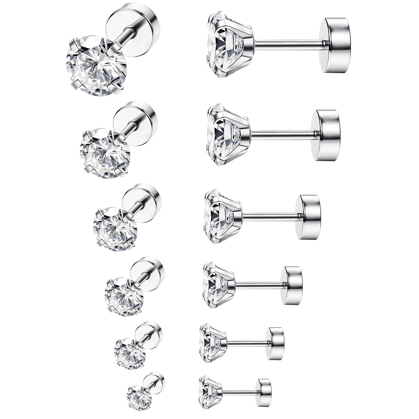 3-8mm Small Black Silver Colour Earrings Stone CZ Crystal Ear Studs Surgical Steel Cubic Unisex Accessories - The Clothing Company Sydney