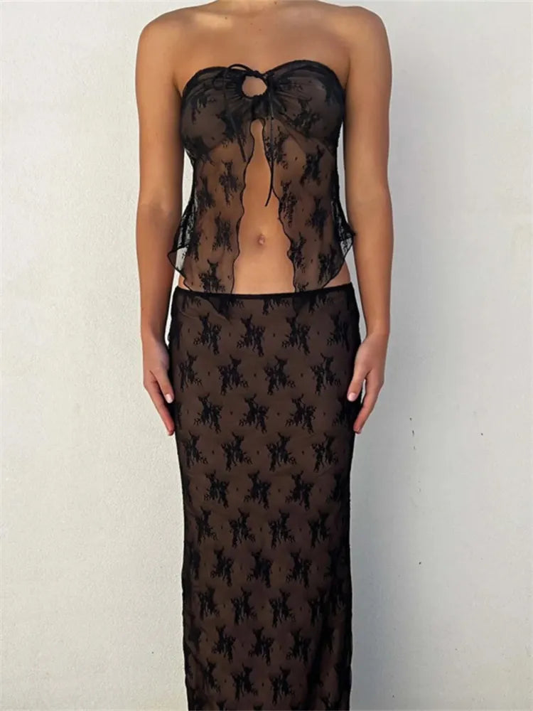 2 Piece Set Women Lace Bustiers Strapless Off Shoulder Tube Tops Party Club Mesh See Through Tank Low Waist Long Skirts The Clothing Company Sydney
