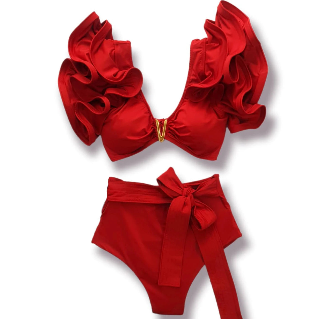 V-Neck High Waist Bikini Sets Shoulder Ruffled Printed Swimsuit Two Piece Swimwear Bathing Suits The Clothing Company Sydney