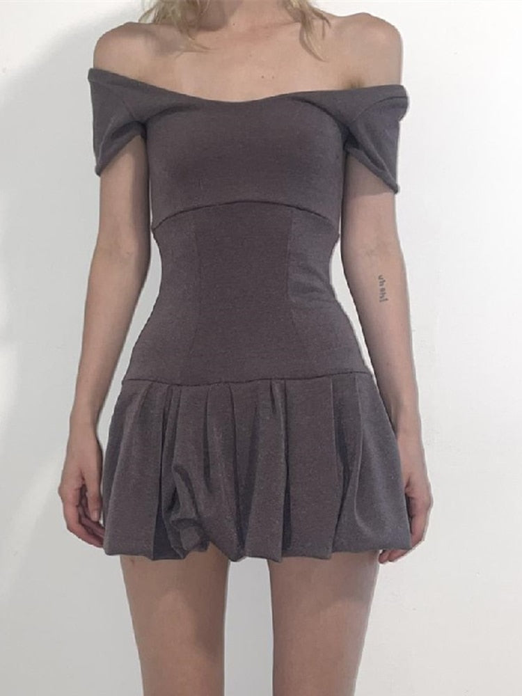 Brown Vintage Y2K Folds Slim Summer Mini Dress for Women Round Neck Dress The Clothing Company Sydney