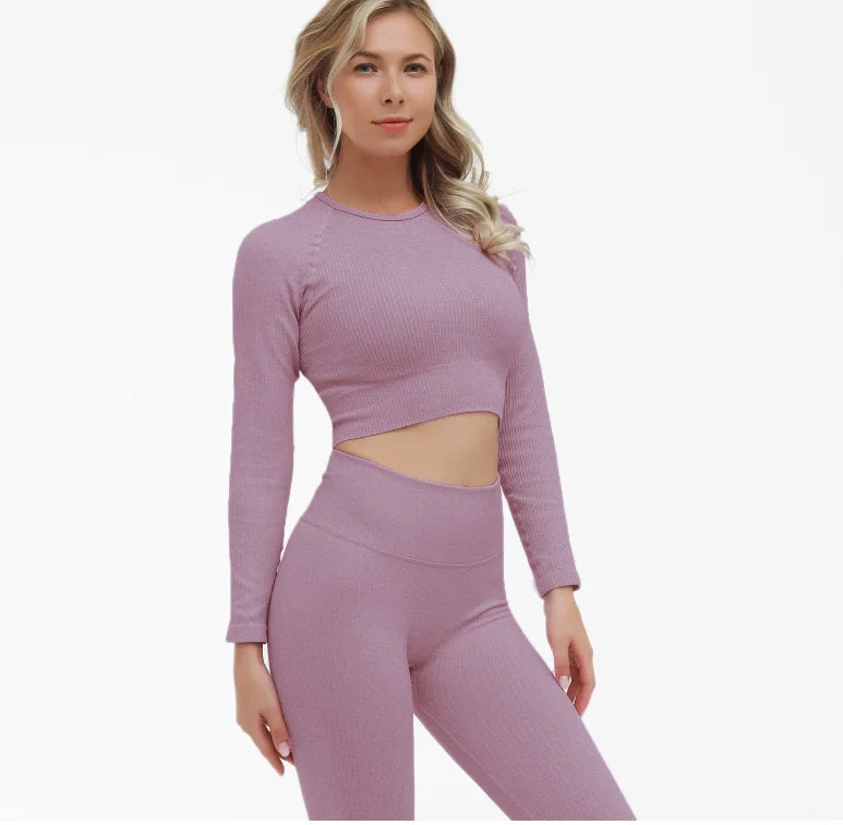 2 Piece Set Women Ribbed Seamless Long Sleeve Yoga Sets Workout Women's High Waist Sports Legging Long Sleeve Top The Clothing Company Sydney