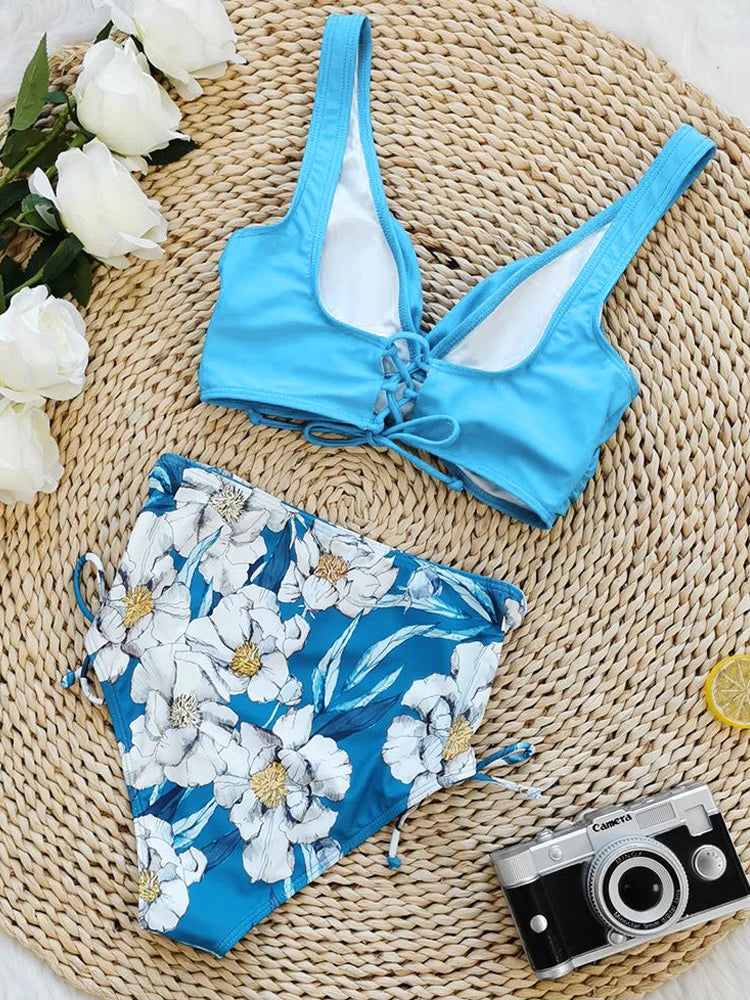 Floral Print V Neck Bikini Sets Tie Back Tie Side Cut Out High Waist High Cut Two Piece Swimsuit Women's Swimwear The Clothing Company Sydney