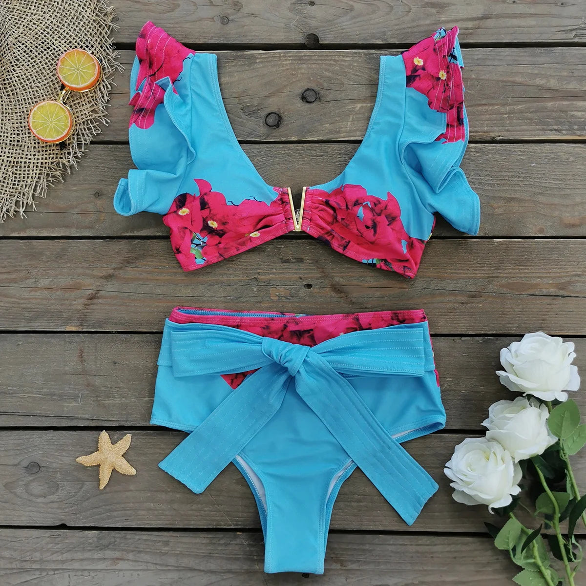 V-Neck High Waist Bikini Sets Shoulder Ruffled Printed Swimsuit Two Piece Swimwear Bathing Suits The Clothing Company Sydney