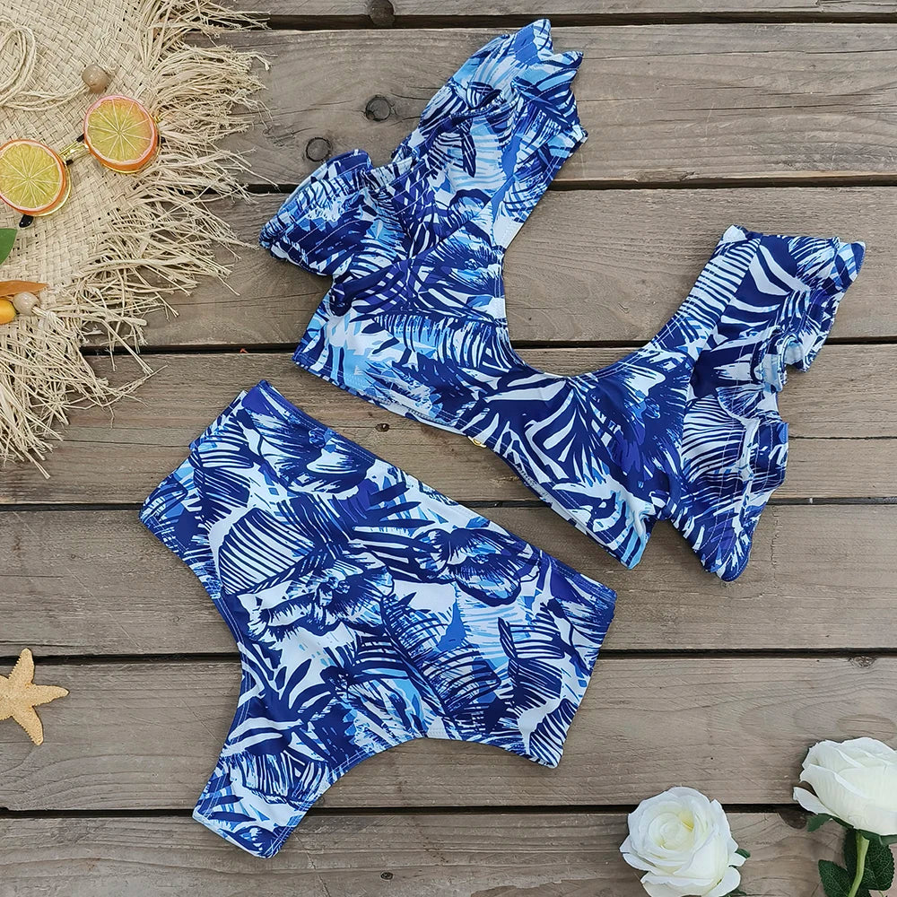 V-Neck High Waist Bikini Sets Shoulder Ruffled Printed Swimsuit Two Piece Swimwear Bathing Suits The Clothing Company Sydney