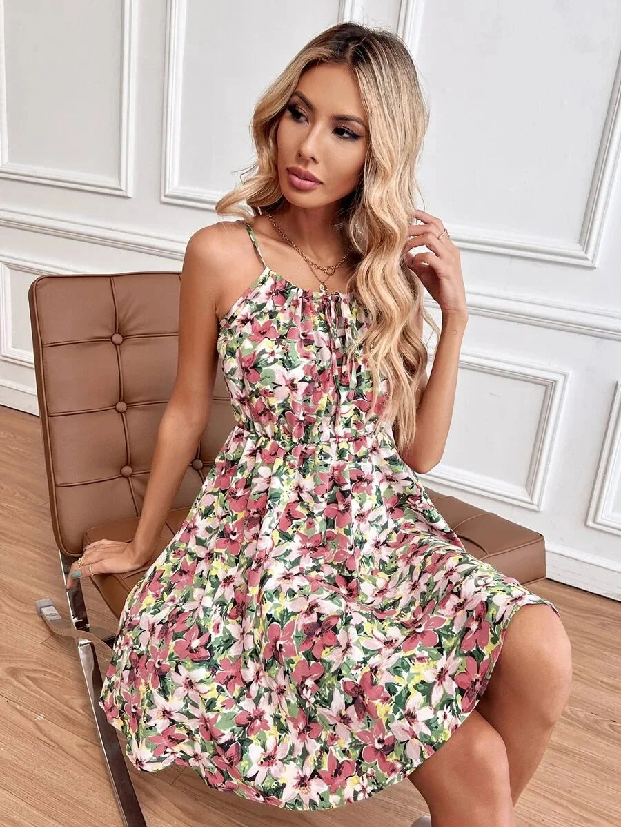 Floral Print Short Dress Women Summer Backless Beach Sundress Casual Sleeveless Lace-up Dresses - The Clothing Company Sydney