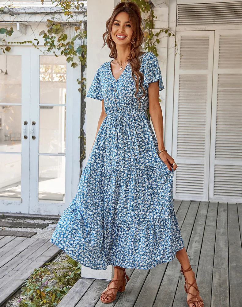 Vintage Floral Dresses for Women Elegant Loose Slit Summer Beach Holiday Leisure Long High Waist Print Dress - The Clothing Company Sydney