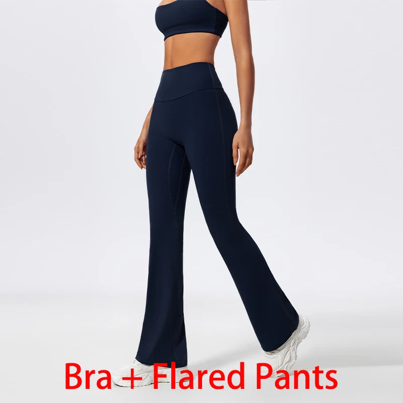 Women Two Piece Gym Workout Bra Yoga Set Shorts Fitness Wear Quick-Dry Sports Bra Flared Pants Suits - The Clothing Company Sydney