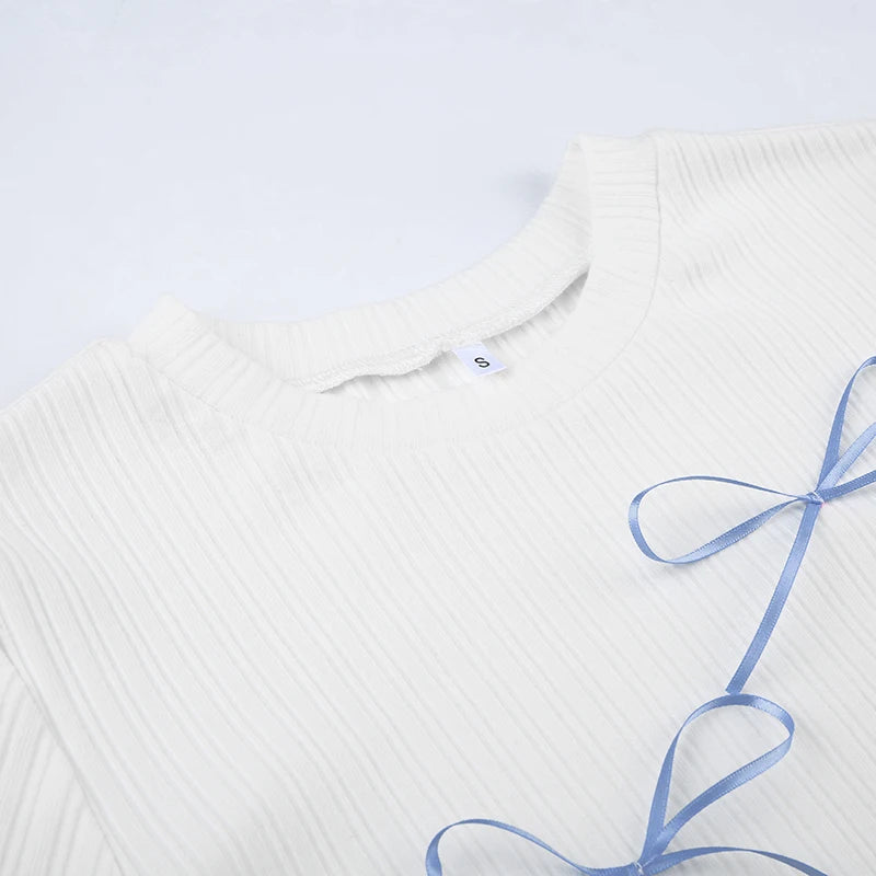 Sweet Bow Knit Spring Top Long Sleeve Pink Bow Women's T Shirts Clothes Basic Outfits - The Clothing Company Sydney