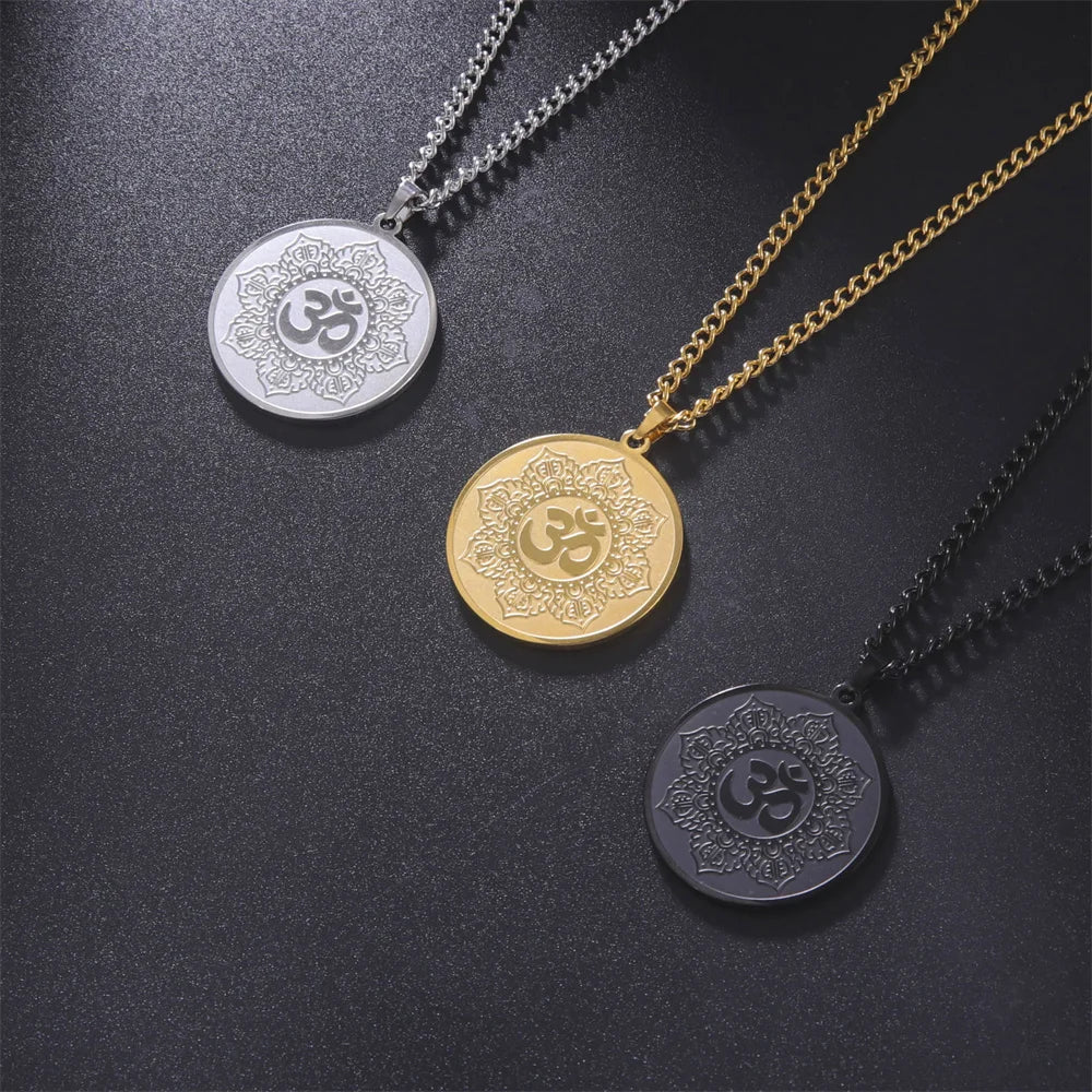 Yoga Lotus Om Aum Symbol Pendant Necklace Hindu Buddhist Stainless Steel Chain Meditation Spiritual Religious Jewellery The Clothing Company Sydney