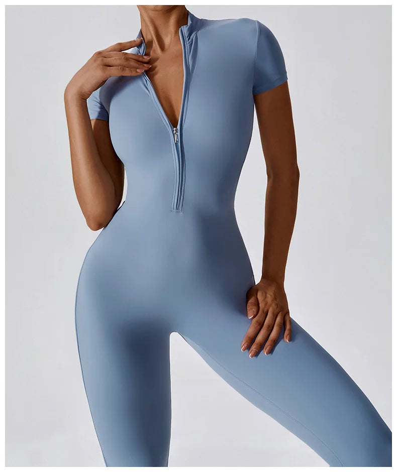 Yoga Jumpsuit Women Zipper Short Sleeve one piece Gym suit Fitness Set Workout Romper Elastic Sportswear - The Clothing Company Sydney