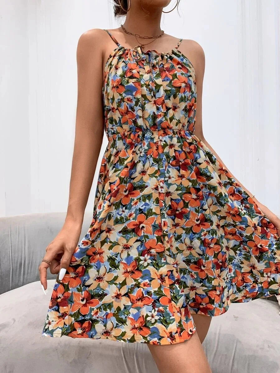 Floral Print Short Dress Women Summer Backless Beach Sundress Casual Sleeveless Lace-up Dresses - The Clothing Company Sydney