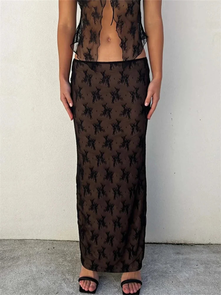 2 Piece Set Women Lace Bustiers Strapless Off Shoulder Tube Tops Party Club Mesh See Through Tank Low Waist Long Skirts The Clothing Company Sydney