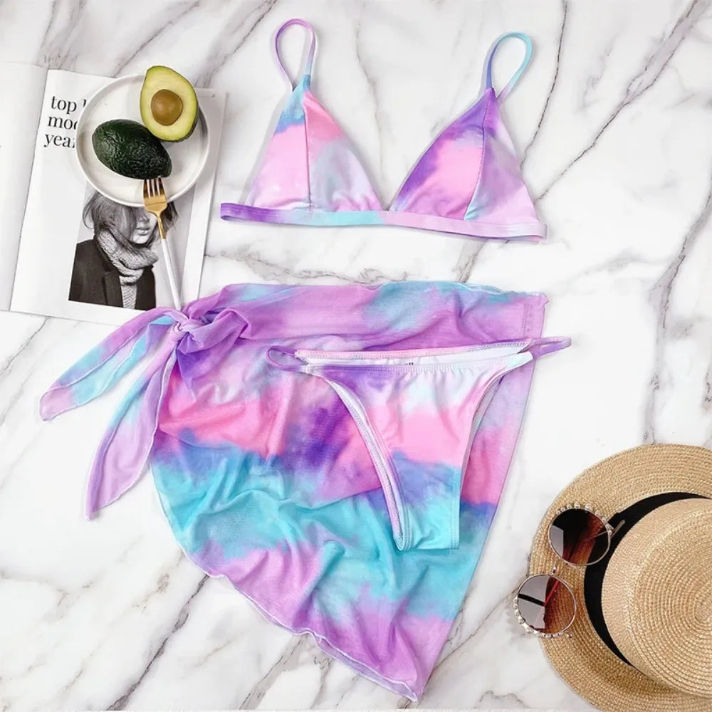 3 Piece Swimsuit Women Tie Dye Bikinis Summer Mesh Swimsuit with Cover Up Triangle Swimwear Bathing Suit - The Clothing Company Sydney