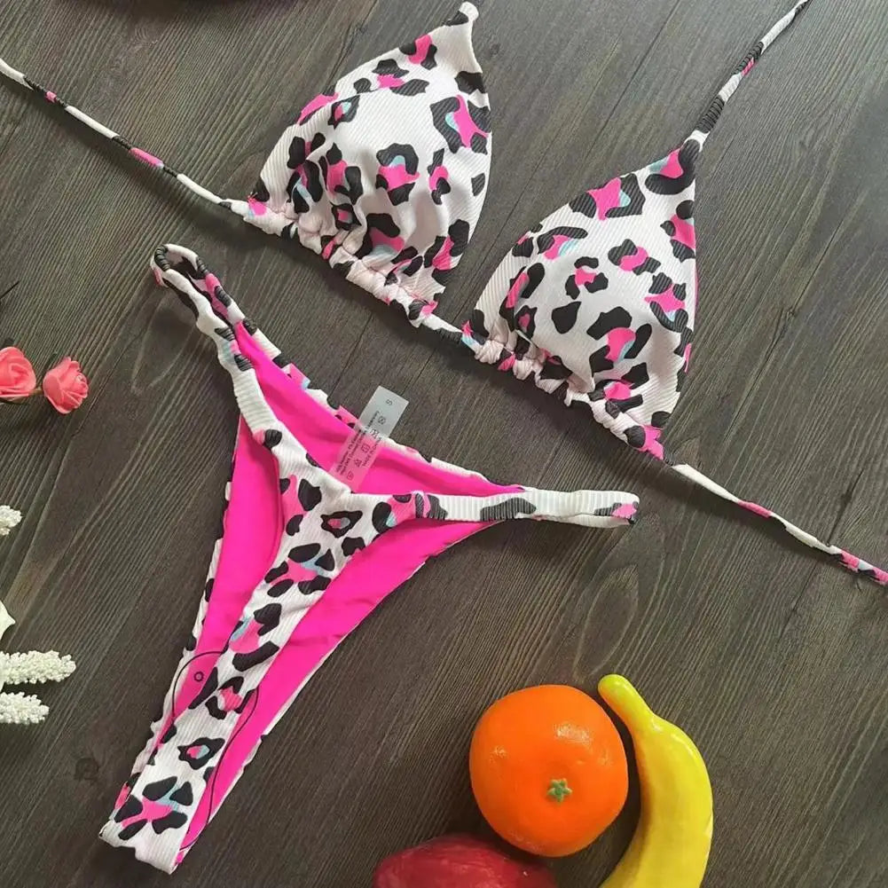 Two Piece Bikini Set Leopard Print Halter Bikini Set Cherry Print Thong Swimsuit High Waist Lace-up Bathing Suit - The Clothing Company Sydney