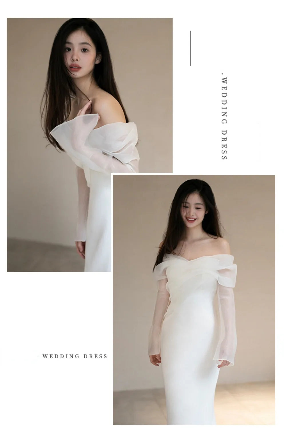 One Shoulder Satin Light Wedding Dress with Simple and Slim Fit Sweet Long Sleeved Bride Evening Gown - The Clothing Company Sydney