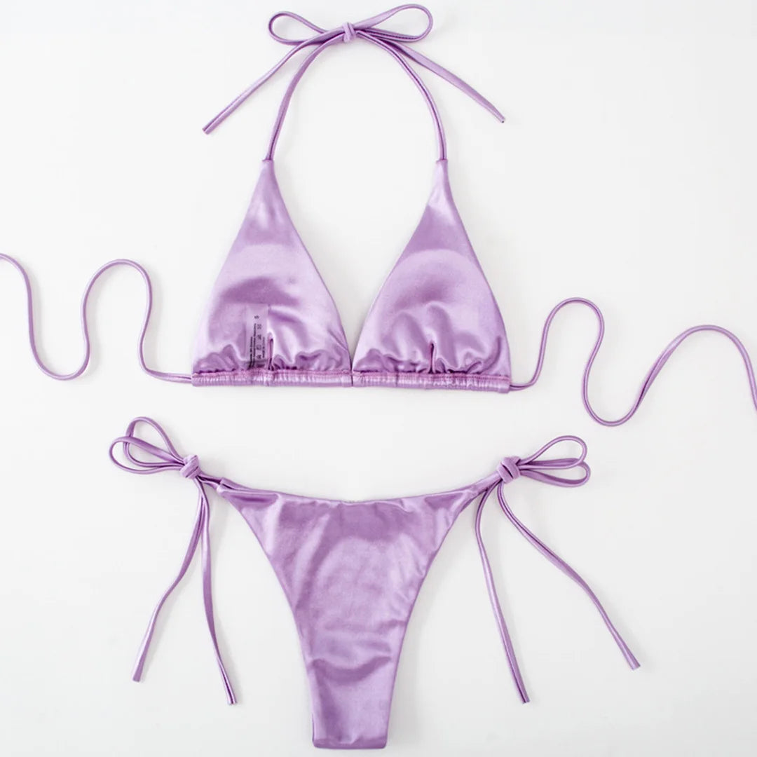 Halter Satin Brazilian Bikini Women Swimwear Female Swimsuit Two-piece Bikini set Bather Bathing Suit The Clothing Company Sydney