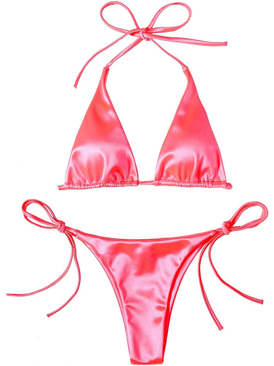 Metallic Halter Triangle Swimsuit Women Swimwear Bathing Suits Brazilian Thong Micro Bikinis Set Beach Wear - The Clothing Company Sydney