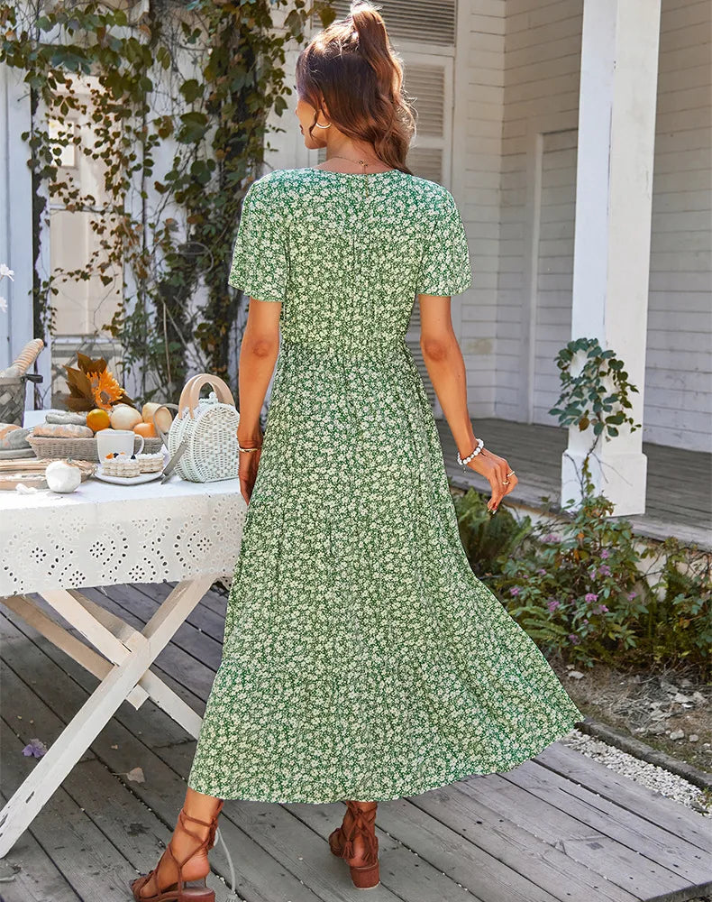 Vintage Floral Dresses for Women Elegant Loose Slit Summer Beach Holiday Leisure Long High Waist Print Dress - The Clothing Company Sydney