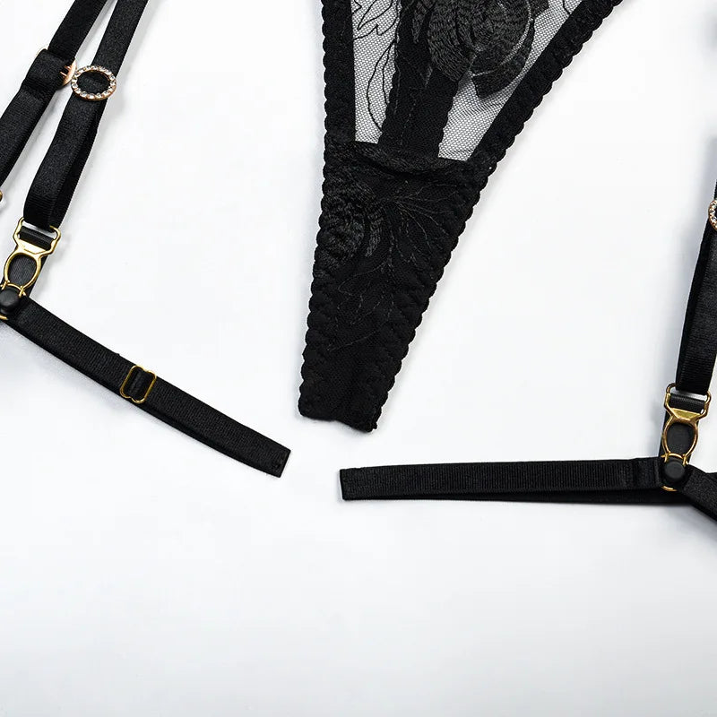 3 Piece Lingerie Luxury Jewel Shoulder Strap Underwear Garter Lace IntimateLingerie Set - The Clothing Company Sydney