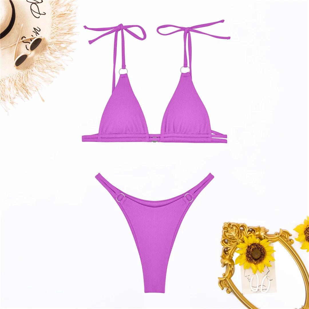 Ribbed High Leg Cut Bikini Swimwear Swimsuit Two-piece Bikini set Bather Bathing Suit - The Clothing Company Sydney