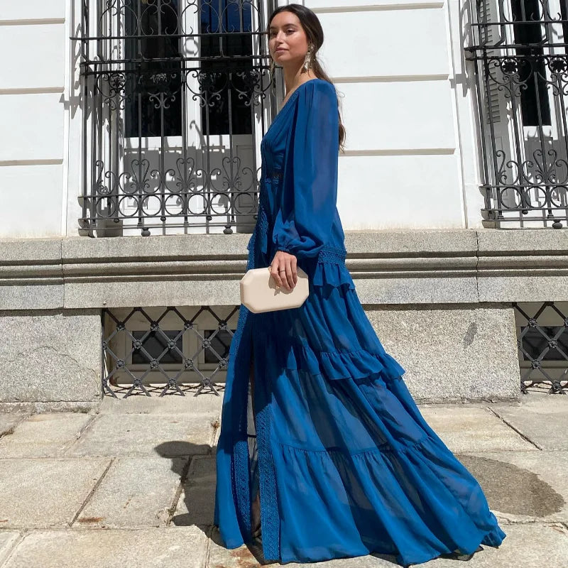 Women V-neck Lantern Long Sleeves Maxi Dress Elegant Patchwork Ruffles Hollow Lace Slim  Summer Dress - The Clothing Company Sydney