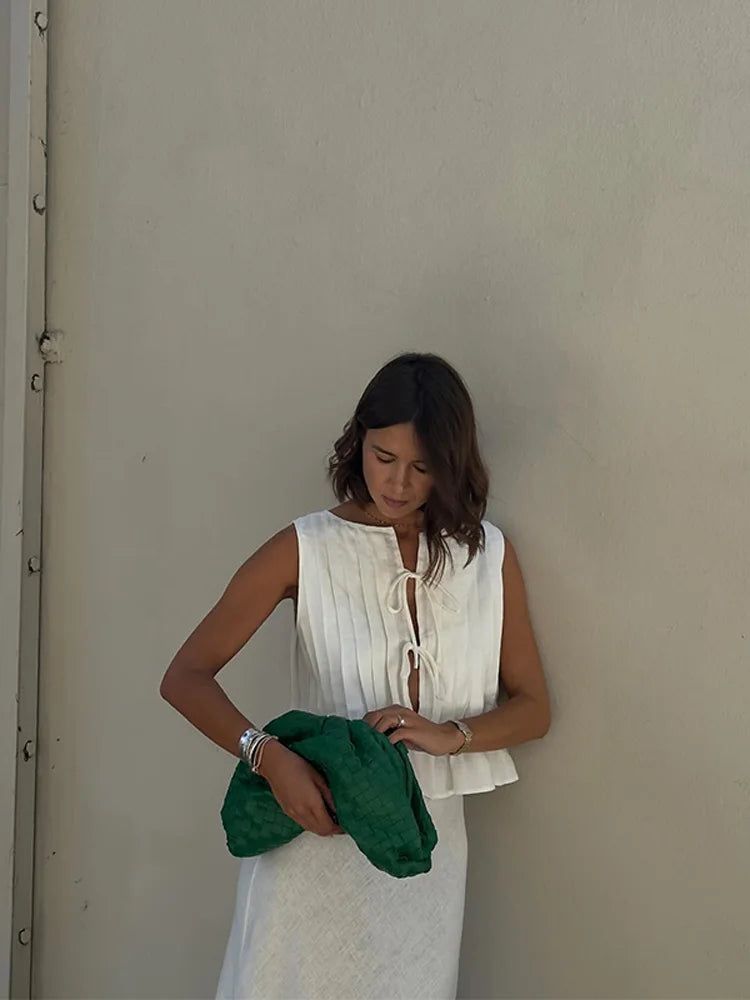 Elegant White Set 2 Piece Woman Chic Lace Up O Neck Ruffled Edge Short Matching Set Summer Street Outfit - The Clothing Company Sydney