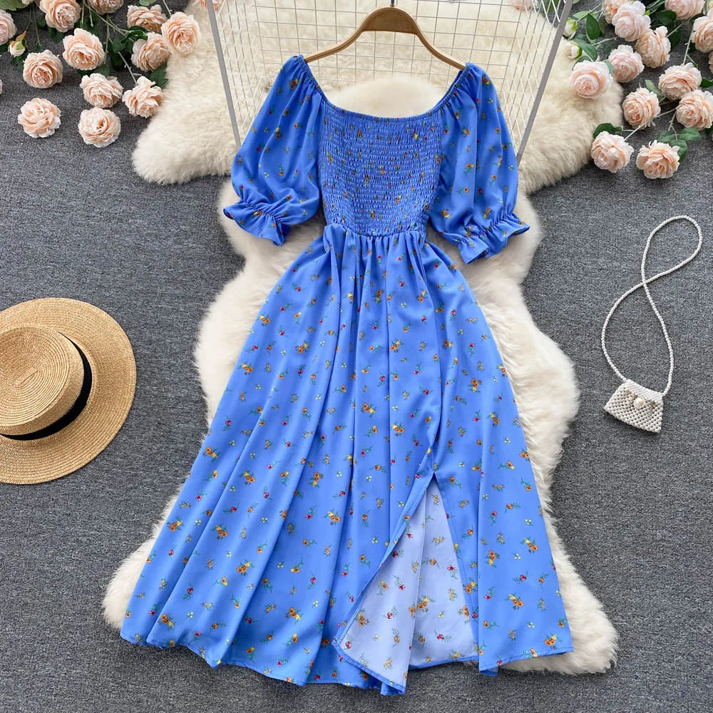 Women's Fashion Romantic Floral Print Split Long Summer Dress Puff Sleeve Party Dress - The Clothing Company Sydney
