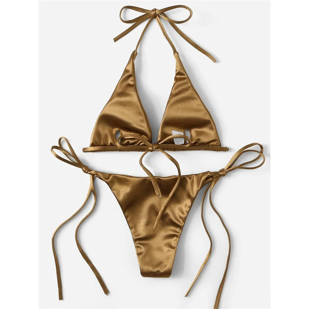 Halter Satin Brazilian Bikini Women Swimwear Female Swimsuit Two-piece Bikini set Bather Bathing Suit The Clothing Company Sydney