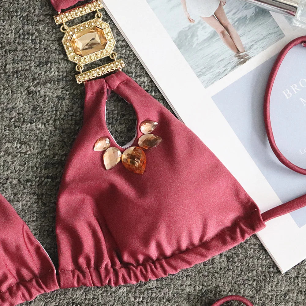 Rhinestone Two 2 Piece Swimsuit Crystal Thong String Bikini Set Women Swimwear Beach Wear Bathing Suit - The Clothing Company Sydney