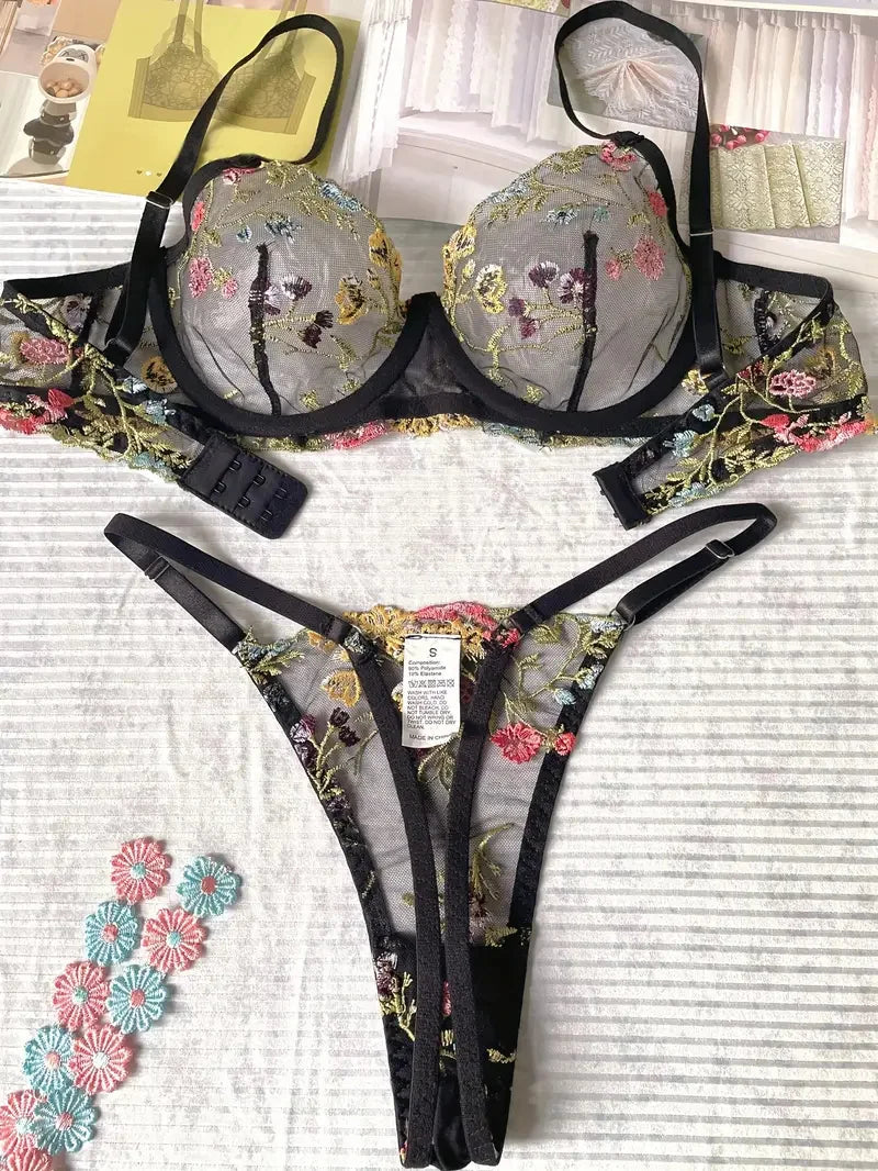 Yimunancy Floral Embroidery Lingerie Set Women Sheer 2-Piece Boho Bra + Panty Underwear Set Intimates The Clothing Company Sydney