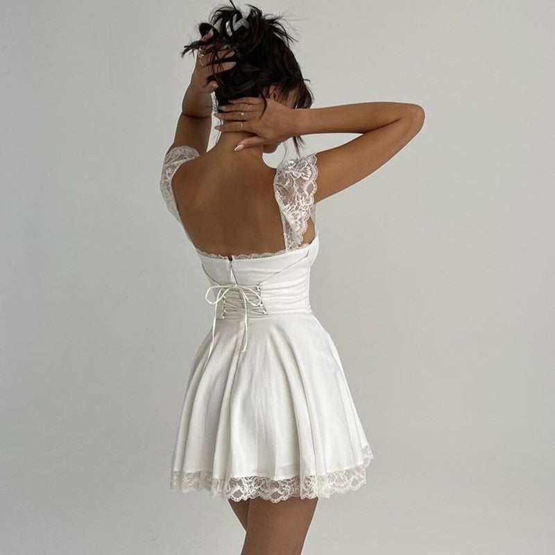 Elegant White Lace Strap Mini Dress For Women Fashion Sleeveless Backless Loose Short Dresses Clubwear The Clothing Company Sydney