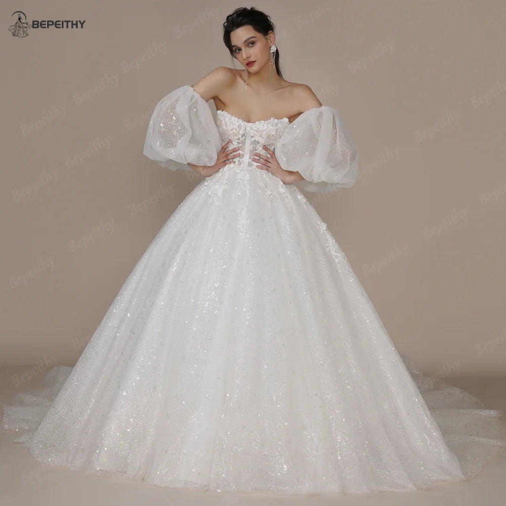Princess Strapless Ivory Glitter Wedding Dresses Court Train Bride 3D Flower Romantic Shinny Bridal Gown The Clothing Company Sydney