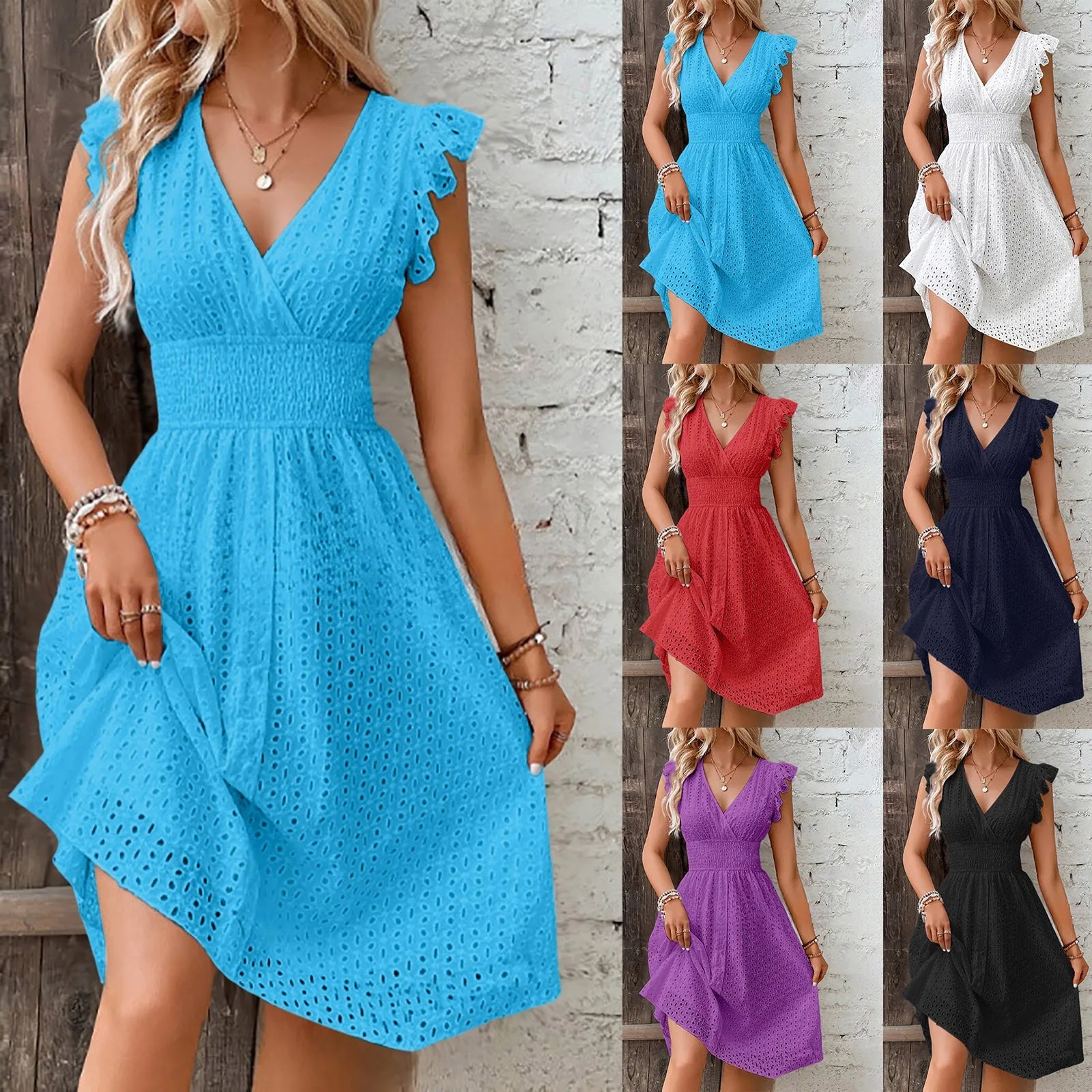 Summer Women's Vacation Short Dress V Neck Flare Sleeve Hollow Lace Waist Casual Beach Holiday Dresses - The Clothing Company Sydney
