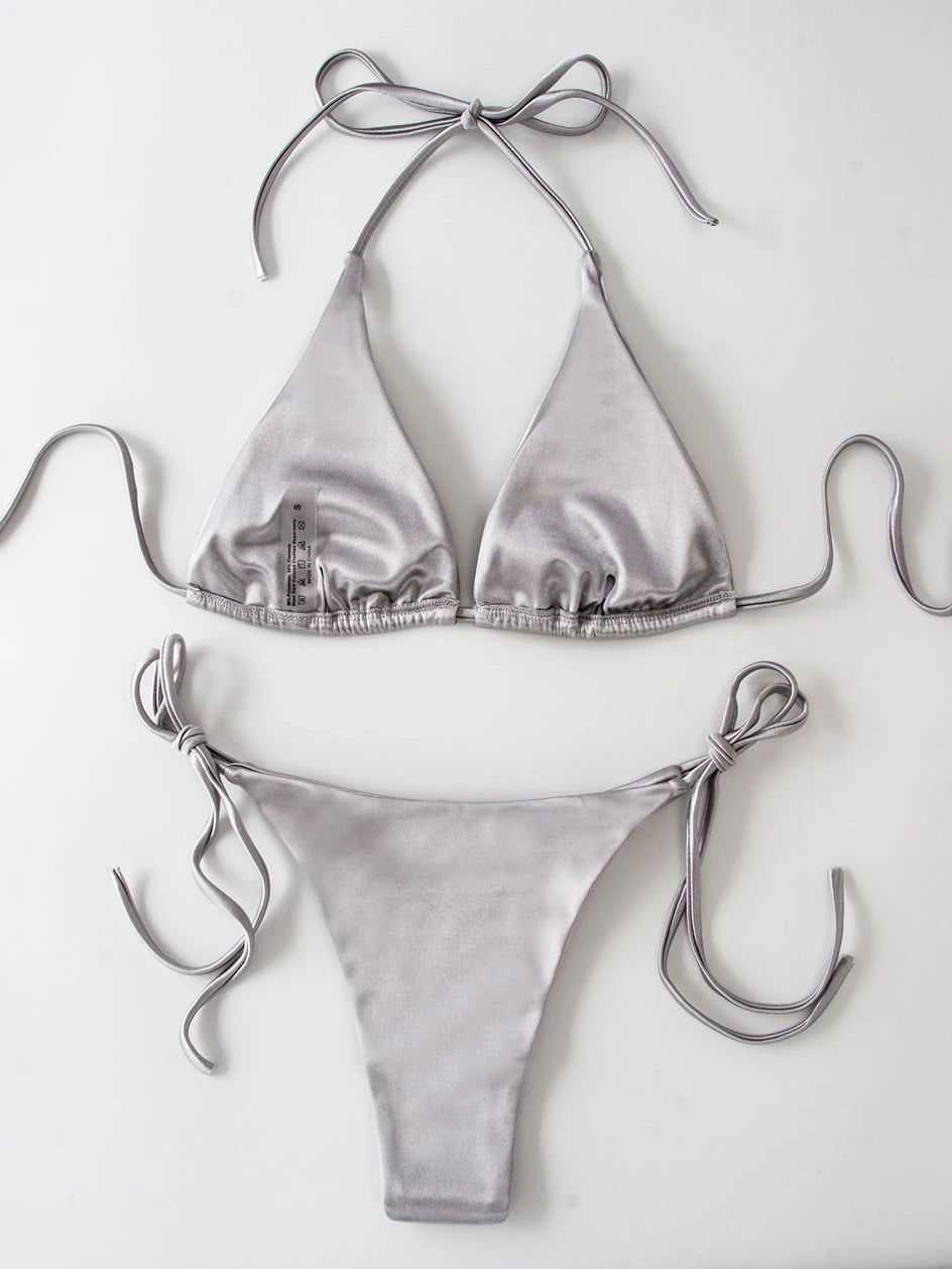 Metallic Halter Triangle Swimsuit Women Swimwear Bathing Suits Brazilian Thong Micro Bikinis Set Beach Wear - The Clothing Company Sydney