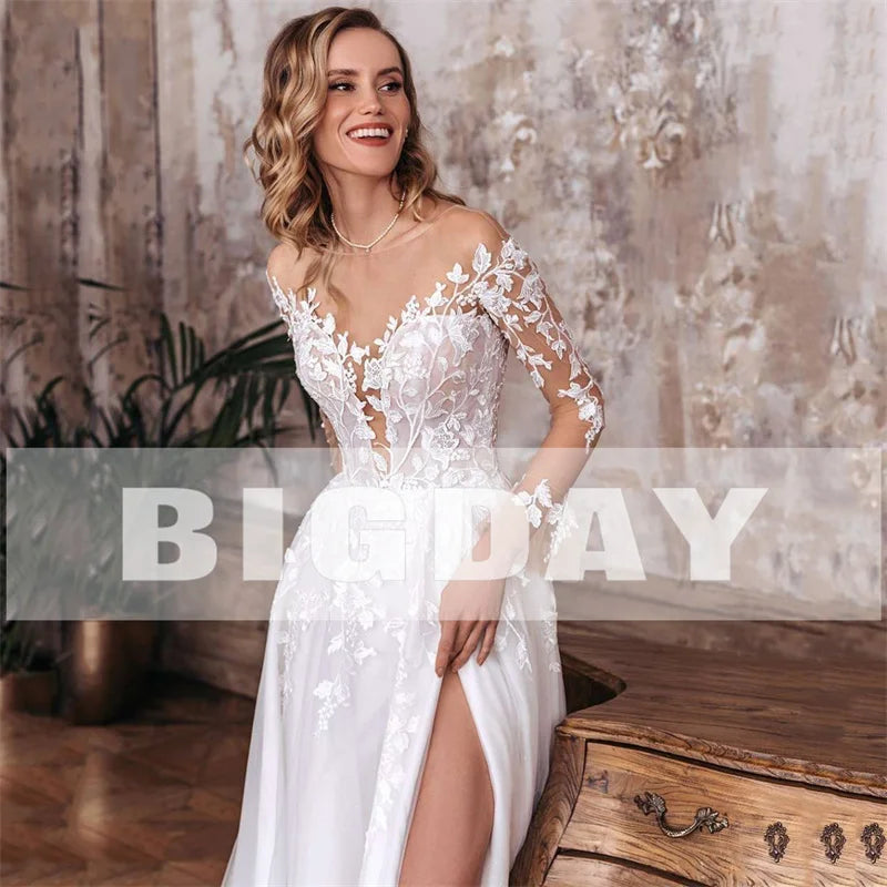 Elegant A-Line Customised Wedding Dress Women Open Back V-Neck Lace Long Sleeve Side Split Tulle Bridal Gow The Clothing Company Sydney