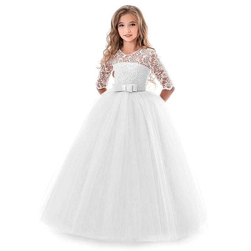 Lace Princess Dress for Girls Long Sleeve Wedding Party Gown Birthday Children Tulle Dress Teenage Formal Long Dress - The Clothing Company Sydney