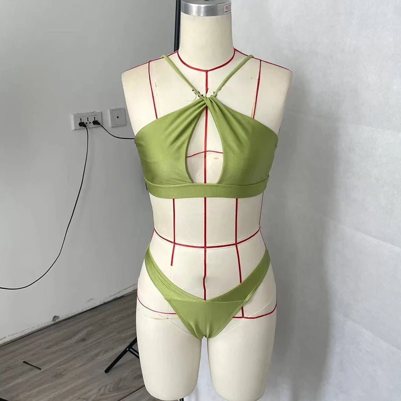 Women's Bikini Two Piece Summer Cross Halter Slim Sleeveless Hollow Thong Beach Vacation Swimsuit Set - The Clothing Company Sydney
