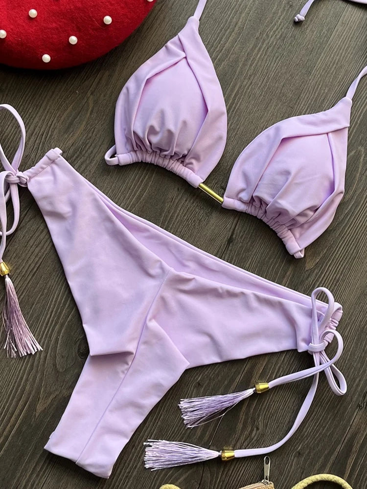 2 Piece Triangle Bathing Suit for Women Brazilian Bikinis Halter Swimwear Push Up Swimsuit Metal Chain Beach Bikini Set The Clothing Company Sydney