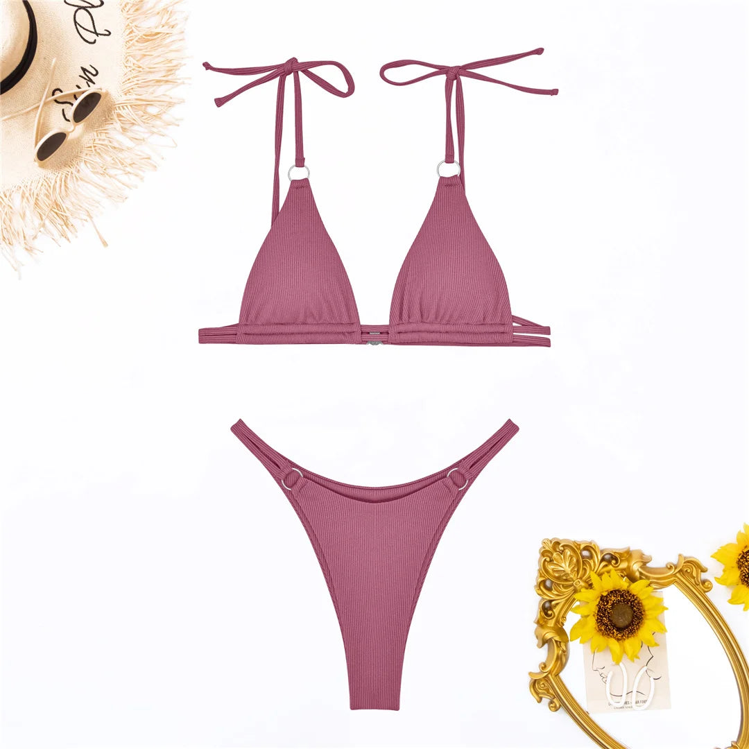 Ribbed High Leg Cut Bikini Swimwear Swimsuit Two-piece Bikini set Bather Bathing Suit - The Clothing Company Sydney