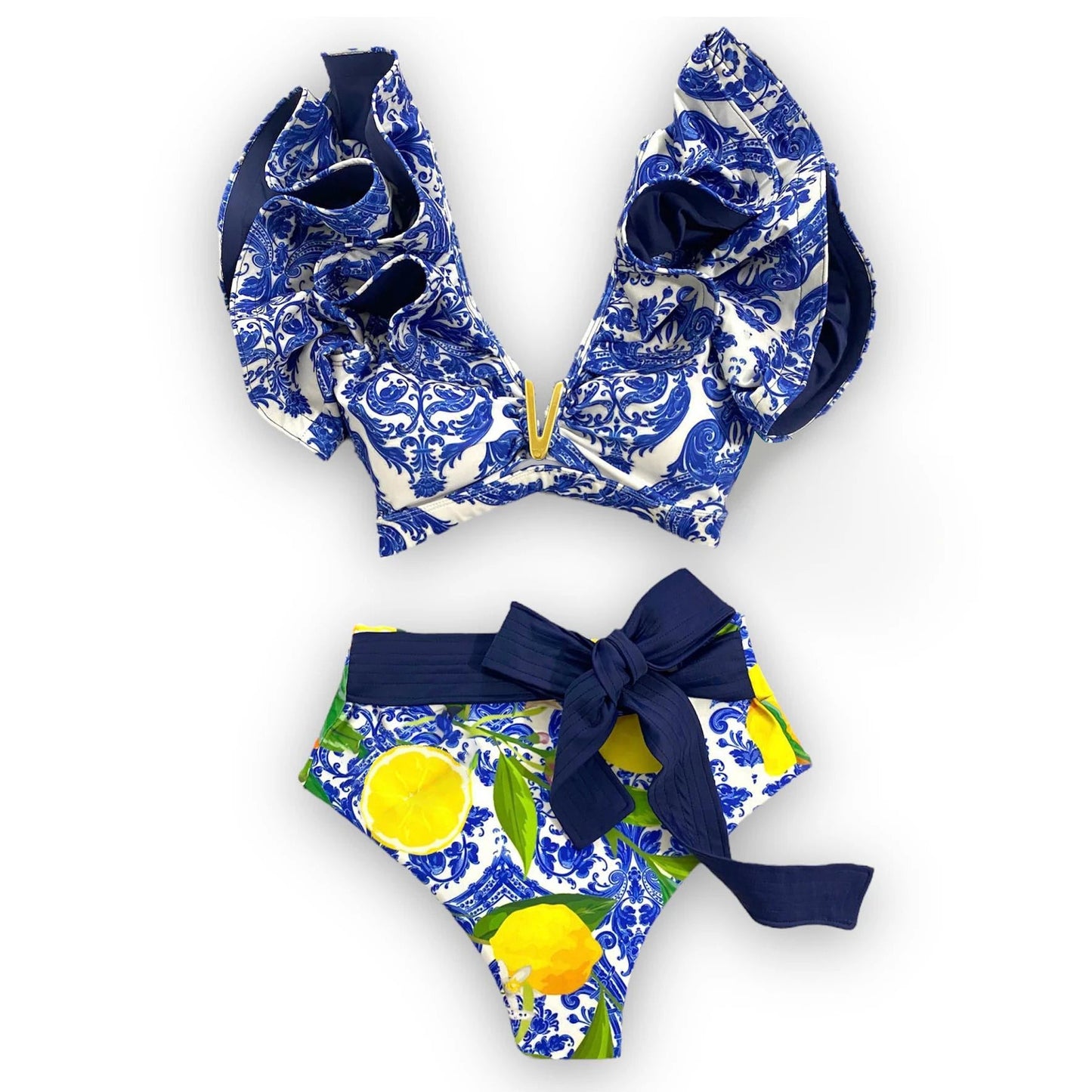 V-Neck High Waist Bikini Sets Shoulder Ruffled Printed Swimsuit Two Piece Swimwear Bathing Suits The Clothing Company Sydney