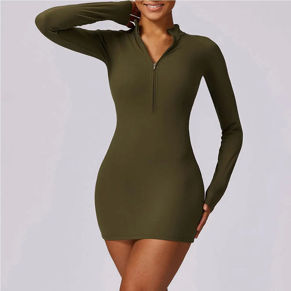 Zipper Long Sleeve JumpSuits Women Workout Tracksuit Short Skirt Sportswear Yoga Set Fitness Bodysuit Gym Clothes Yoga Suit - The Clothing Company Sydney
