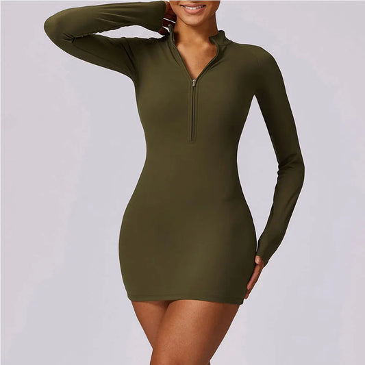 Zipper Long Sleeve JumpSuits Women Workout Tracksuit Short Skirt Sportswear Yoga Set Fitness Bodysuit Gym Clothes Yoga Suit - The Clothing Company Sydney