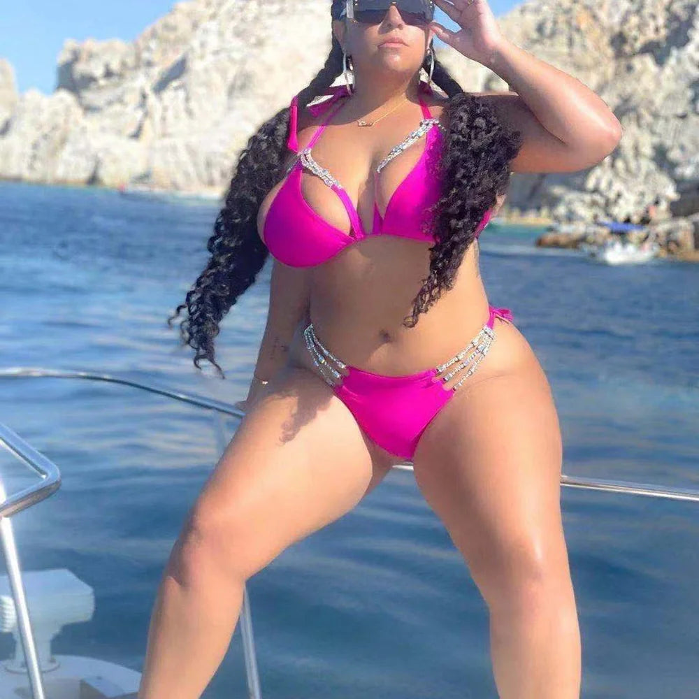 Rhinestone Two 2 Piece Swimsuit Crystal Thong String Bikini Set Women Swimwear Beach Wear Bathing Suit - The Clothing Company Sydney