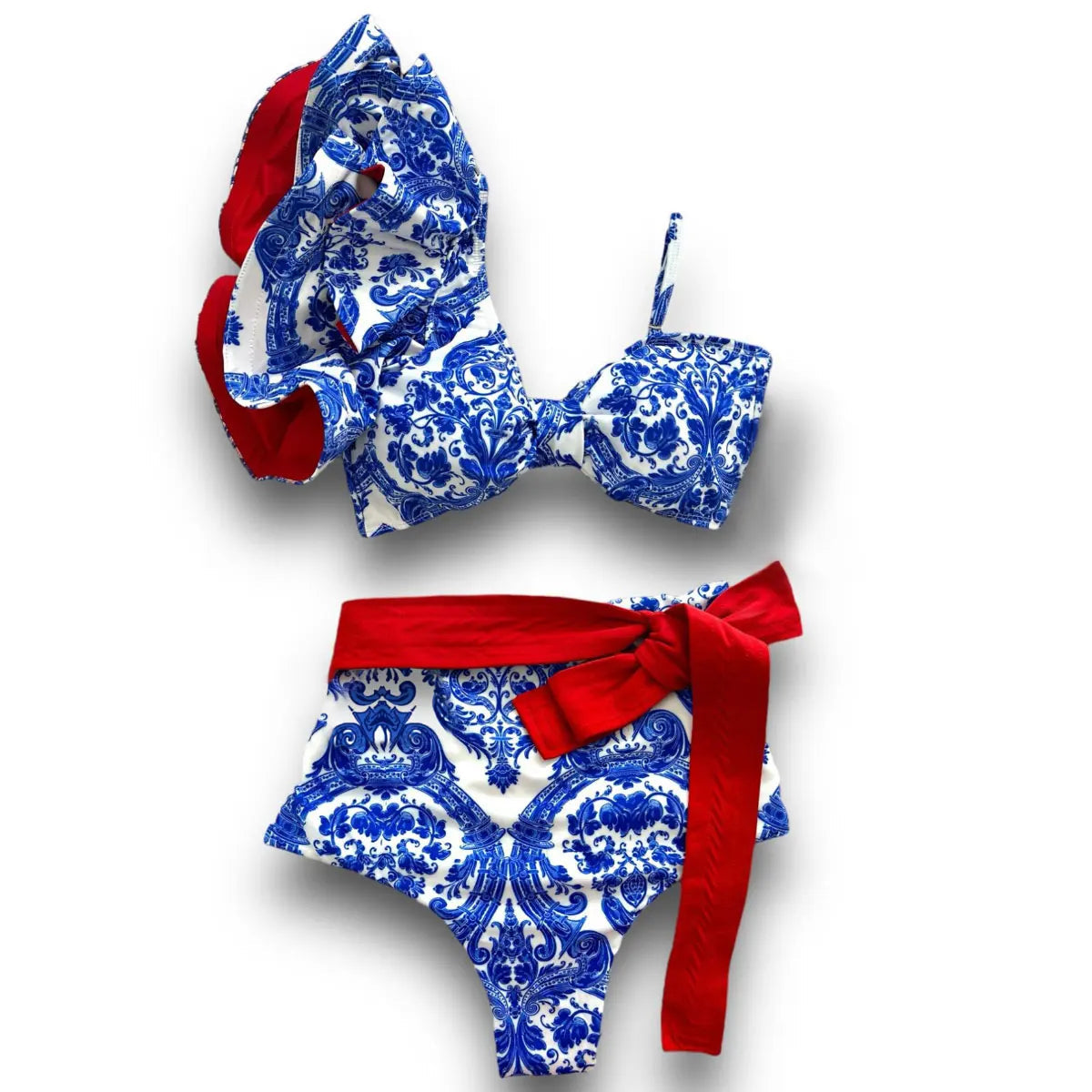 V-Neck High Waist Bikini Sets Shoulder Ruffled Printed Swimsuit Two Piece Swimwear Bathing Suits The Clothing Company Sydney
