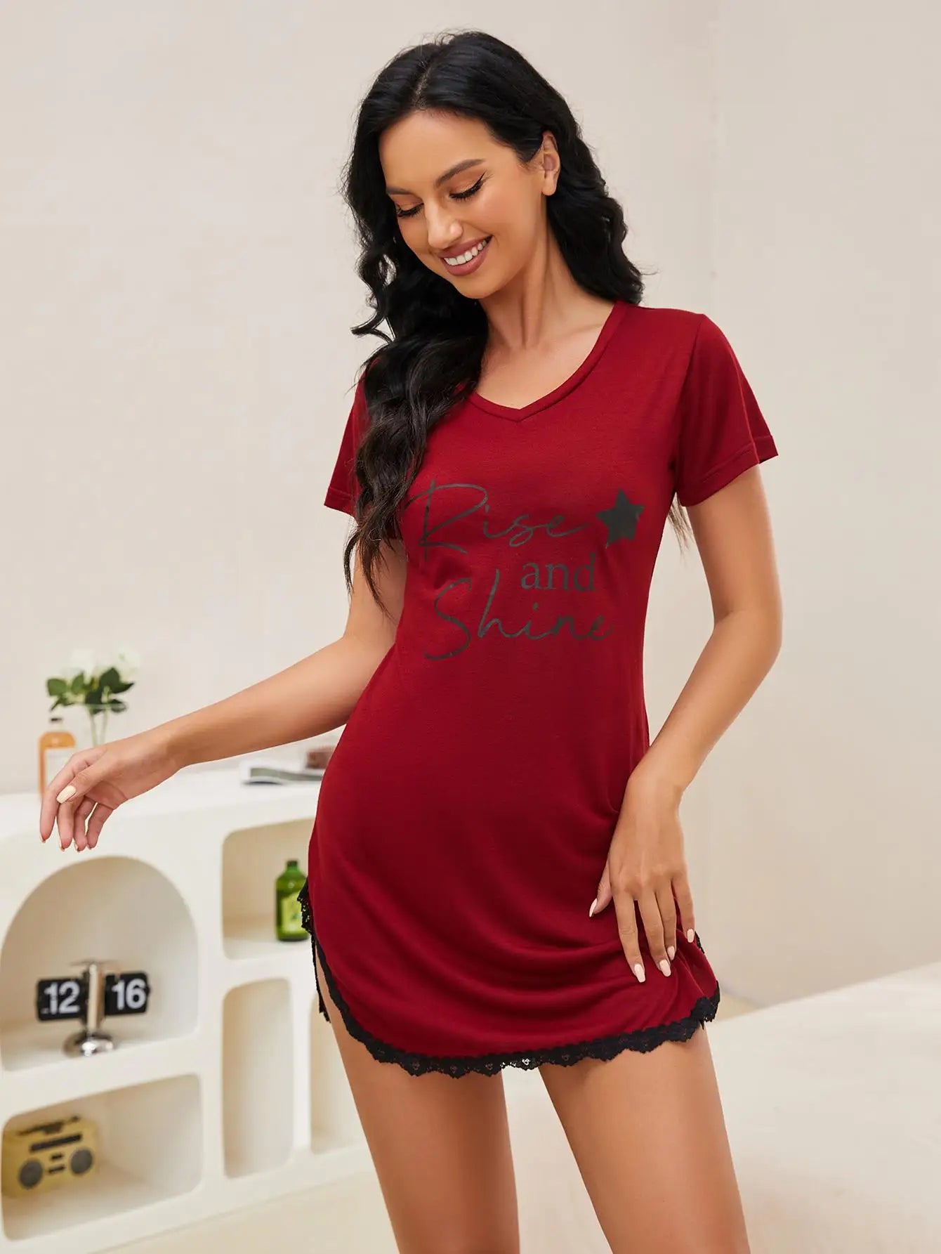 Summer Sleepwear Women Lace Hem Nightdress V-neck Short Sleeve Pajamas Nighties Nightgown Nightwear Side Split Skirt - The Clothing Company Sydney