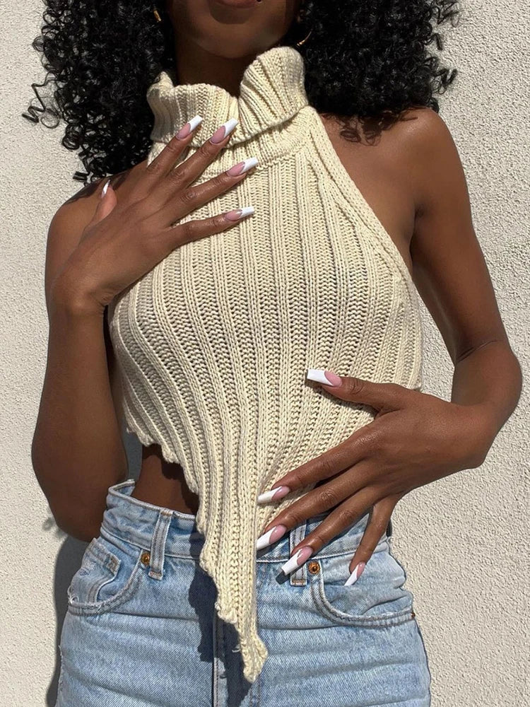 Fashion Knitted Turtleneck Crop Tops for Women Summer Sleeveless Backless Tanks Cropped Party Club Top The Clothing Company Sydney