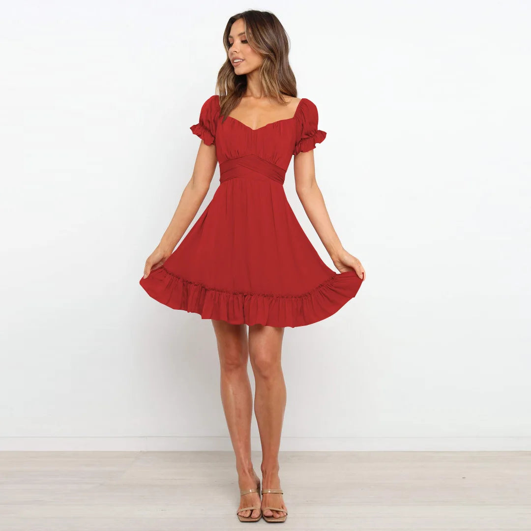 Summer Sundersses White Short Sleeve Ruffles Lace Up Folds Mini Dresses Bohemian Party Beach Dress - The Clothing Company Sydney